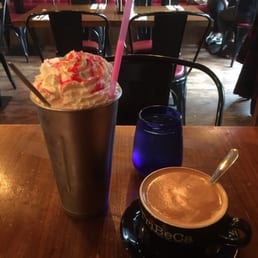 Flat white, strawberry cheese cake milkshake Flat white, strawberry cheese cake milkshake