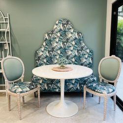 The Painted Ox - We design custom banquets! We also white-washed these chairs and reupholstered them in premium fabrics. Table freshly lacquered.