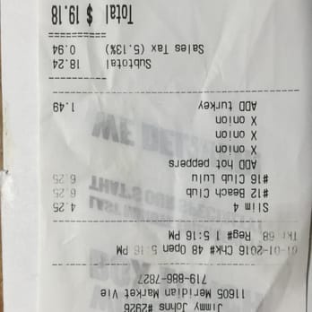 Jimmy John's - the receipt for the restaurant - Sandwiches Near Me - Peyton, Colorado Jimmy John's - the receipt for the restaurant - Sandwiches Near Me - Peyton, Colorado