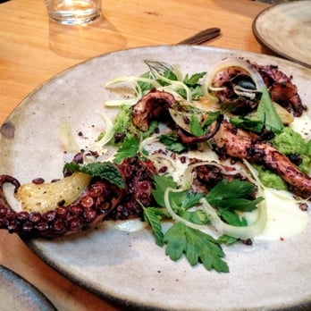 The Progress - Grilled Spanish Octopus with shell bean hummus, shaved fennel, toasted black rice, and preserved lemon. Boyfriend not a big fan, but I was! - New American Near Me - San Francisco, California The Progress - Grilled Spanish Octopus with shell bean hummus, shaved fennel, toasted black rice, and preserved lemon. Boyfriend not a big fan, but I was! - New American Near Me - San Francisco, California