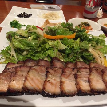 Seoulville - Pork belly entre with the salad. Lots of spring onions, no real sauce or flavor on the Pork Belly. Ended up using the salad dressing - Korean Near Me - Somerville, New Jersey Seoulville - Pork belly entre with the salad. Lots of spring onions, no real sauce or flavor on the Pork Belly. Ended up using the salad dressing - Korean Near Me - Somerville, New Jersey