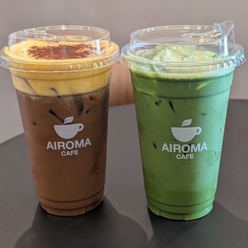Airoma Cafe - Egg Coffee (left) and Matcha Coffee (right) - Coffee & Tea Near Me - Fountain Valley, California