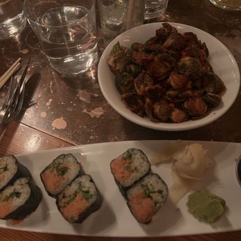 Crave Fishbar - Spicy Yellowfin tuna sushi roll (Calabrian chile, basil, garlic-broccoli rabe) and Brussels sprouts - Seafood Near Me - New York, New York