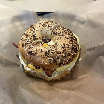 Gib's NY Bagel - Everything bagel sandwich with american cheese bacon and egg! I added scallion cream cheese to both sides of the bagel. - Delis Near Me - Fort Collins, Colorado Gib's NY Bagel - Everything bagel sandwich with american cheese bacon and egg! I added scallion cream cheese to both sides of the bagel. - Delis Near Me - Fort Collins, Colorado