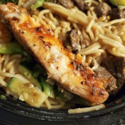 Nfusion Eats - Salmon beef chicken and shrimp served with garlic noodles