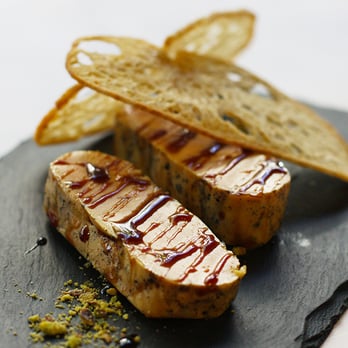 Accés - Foie Gras with crunchy Pistachios and Pedro Ximenez Reduction - Signature Cuisine Near Me - Barcelona, B Accés - Foie Gras with crunchy Pistachios and Pedro Ximenez Reduction - Signature Cuisine Near Me - Barcelona, B