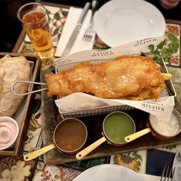 Baked sourdough bread | Frontier lager | fried cod, chips, mushy peas, tartar & chip chop curry sauce