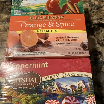 Walmart - Celestial Cinnamon Apple Spice, Peppermint, and Bigelow Orange Spice Tea Bags. Priced $3.14 each box. - Department Stores Near Me - San Marcos, California