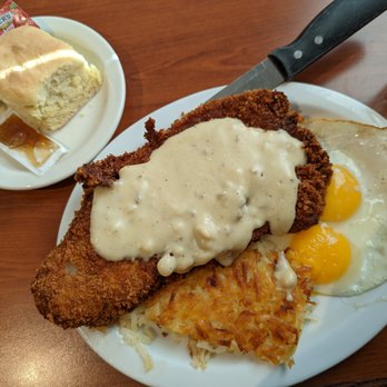 The Cookie Jar - Country Fried Steak - prime rib, lightly breaded and fried, covered with sausage gravy, with 2 large eggs - Breakfast & Brunch Near Me - Fairbanks, Alaska