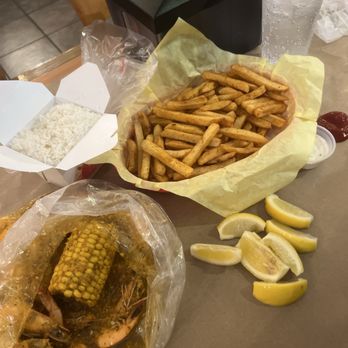 Pacific Crab House - 1 lb of shrimp, whole. All in one sauce, medium spice. & Cajun fries. 1 side of rice! - Seafood Near Me - Victorville, California Pacific Crab House - 1 lb of shrimp, whole. All in one sauce, medium spice. & Cajun fries. 1 side of rice! - Seafood Near Me - Victorville, California