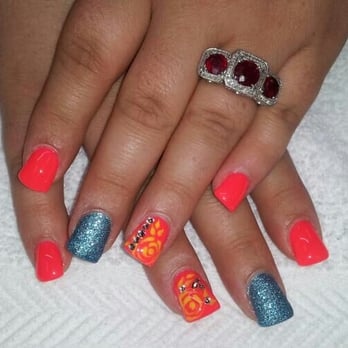 Da Vi Nails - :)  neon pink, yellow roses and rhinestones, and sand texture blue :) - Nail Salons Near Me - San Marcos, California