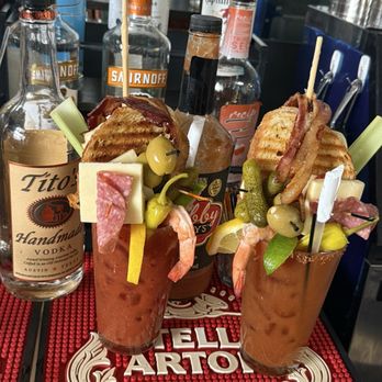 Rekt Brewing - LOADED CRABBY MARY 1/2 grilled cheese, bacon, pepperoni, salami, cheese, pepperoncini, shrimp, olives, pickles, celery, lemon & "lime - Breakfast & Brunch Near Me - Horseheads, New York