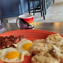 Orbit Lounge - Coffee, Fried Eggs, Buiscuits & Gravy and Cornbeef Hash.