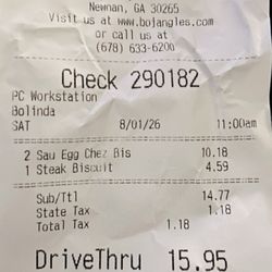 Receipt that indicates I ordered a steak biscuit-not a bacon egg cheese biscuit