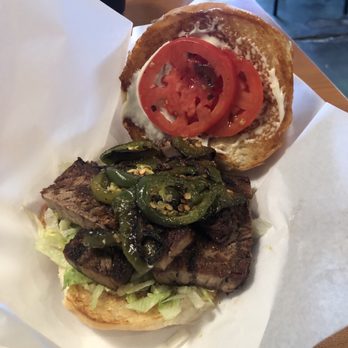 Maple and Motor - Flat Top Brisket Sandwich with grilled Jalapeños - Burgers Near Me - Dallas, Texas Maple and Motor - Flat Top Brisket Sandwich with grilled Jalapeños - Burgers Near Me - Dallas, Texas