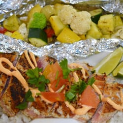 Foodism - "Seared Ahi Tuna Plate" Fresh, Wild Ahi Tuna Steak on a bed of Organic Jasmine Rice, served with steaming Grilled Vegetables. & Spicy Mayo