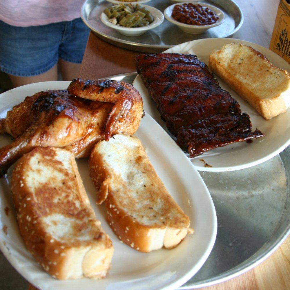 City Barbeque - Half Chicken Platter, Half Slab Ribs Platter, sides: green beans w/ bacon, corn pudding, baked beans w/ brisket - Barbeque Near Me - Indianapolis, Indiana
