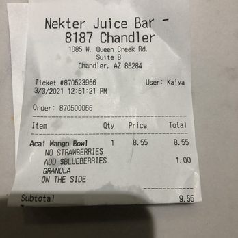 Nekter Juice Bar - Receipt - Juice Bars & Smoothies Near Me - Chandler, Arizona Nekter Juice Bar - Receipt - Juice Bars & Smoothies Near Me - Chandler, Arizona