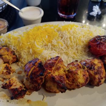 Kabob Land - Grilled Chicken  Kebab. Rice. Grilled  Tomato.  Garlic sauce. - Persian/Iranian Near Me - Fresno, California