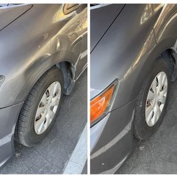 Honda Civic dented front driver side fender before and after.