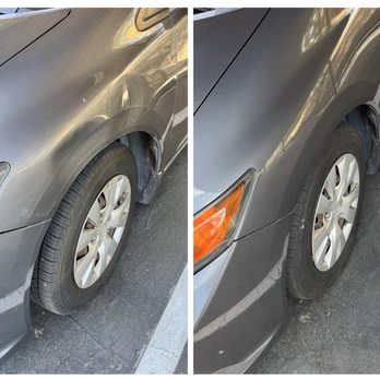Metal Massager - Honda Civic dented front driver side fender before and after. - Mobile Dent Repair Near Me