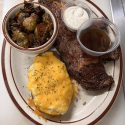 Time Out Tavern - "Prime Rib Steak Dinner" w/ Garlic Mash Stuffed Fried Skins and Caramelized Balsamic Onion and Bacon Brussels.