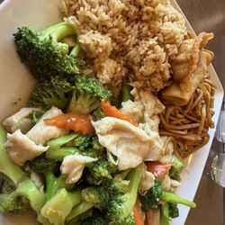 Chicken broccoli, fried rice, small egg roll, crab rangoon and chow mein.