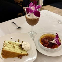Pistachio cake, pot de creme, creme brûlée
