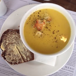 Celeriac and Chickpea soup with Pesto and Garlic croutons. Served with brown bread and butter, of course!