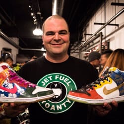 Index - Sneaker Social with Shoezeum. He is holding a rare Nike Dunk What The Doernbecher