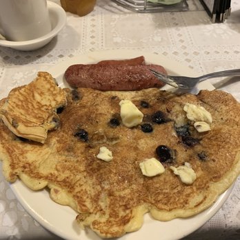 Talkeetna Roadhouse - Half a blueberry and banana pancake with a 1/2 a side of Reindeer Sausage Link. More than enough to share as my wife had the other halves. - Cafes Near Me - Talkeetna, Alaska Talkeetna Roadhouse - Half a blueberry and banana pancake with a 1/2 a side of Reindeer Sausage Link. More than enough to share as my wife had the other halves. - Cafes Near Me - Talkeetna, Alaska