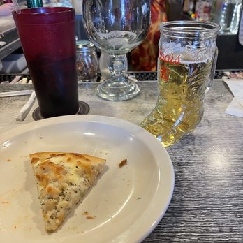 Edgewater Inn - Chicken Alfredo pizza, won a Coors mini boot glass in a raffle - they held one every hour - best place ever! - Pizza Near Me - Edgewater, Colorado