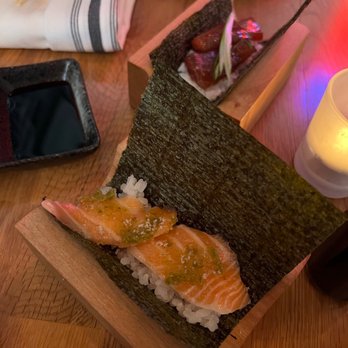 Yonsei Handrolls - Zuke maguro Salmon belly, truffle salt, Yuzu kosho - Japanese Near Me - Oakland, California Yonsei Handrolls - Zuke maguro Salmon belly, truffle salt, Yuzu kosho - Japanese Near Me - Oakland, California