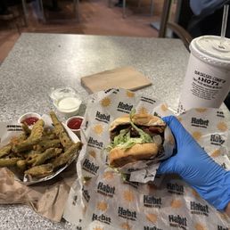Barbecue char burger with fried green beans. Yes, I use gloves to eat with.