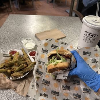 Habit Burger & Grill - Barbecue char burger with fried green beans. Yes, I use gloves to eat with. - Burgers Near Me - Anaheim, California