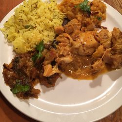 Masala - Our final cooked dishes; basmati, chicken masala, eggplant, and dahl..