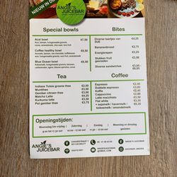 Angie’s Juicebar - Front page of current menu.