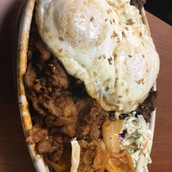 Rolling Cow - Lunch box( half and half beef and pork, with rice and coleslaw) extra egg, and stir fried kimchi (upon request) - Food Trucks Near Me