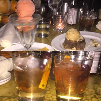 Gilt Bar - Strawberry Basil Sorbet (off menu), Toffee Date Cake with Coffee Ice Cream, two Old Fashioneds (Old Overholt and Marker's Mark) - New American Near Me - Chicago, Illinois