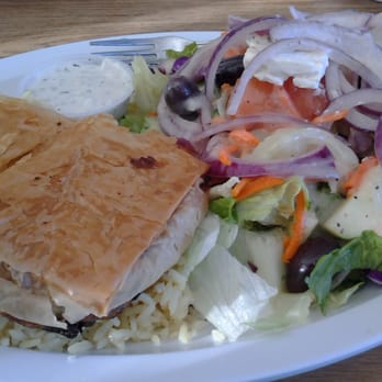 Olympic Cafe - Spanokopita platter (a flaky spinach and feta phyllo sheets) served with Greek salad, rice pilaf, pita and tzatziki sauce - Mediterranean Near Me - San Diego, California
