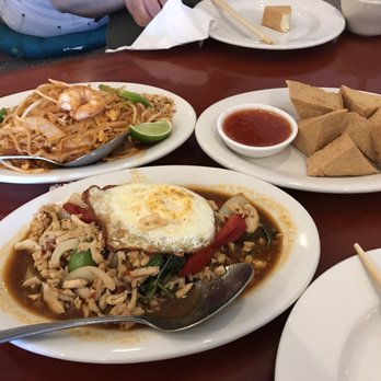 Bangkok Grill - Pad Thai with shrimp, chicken basil with egg on top and fried tofu appetizer. - Thai Near Me - Orem, Utah