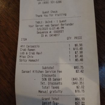 Sansei Seafood Restaurant & Sushi Bar - mandatory 20% gratuity before discount, 3% surcharge. $40.40 discounted food, $2.42 surcharge, $16.15 mandatory gratuity, all taxed - Sushi Bars Near Me - Honolulu, Hawaii Sansei Seafood Restaurant & Sushi Bar - mandatory 20% gratuity before discount, 3% surcharge. $40.40 discounted food, $2.42 surcharge, $16.15 mandatory gratuity, all taxed - Sushi Bars Near Me - Honolulu, Hawaii