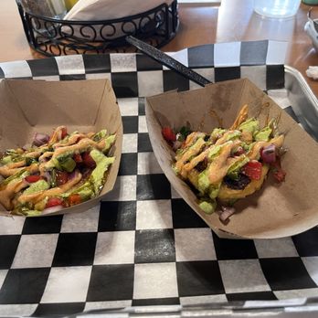 Raven Carry-Out Cafe - Corn fritters with an awesome topping. - Burgers Near Me - Virginia Beach, Virginia
