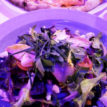 Spago - Salmon pizza and greens salad. - New American Near Me - Beverly Hills, California