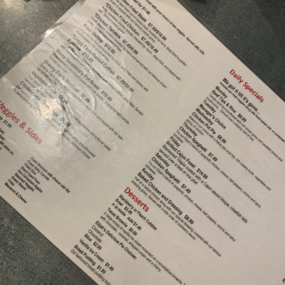 Elijah's Cafe - a menu on a table - Cafes Near Me - Jasper, Texas Elijah's Cafe - a menu on a table - Cafes Near Me - Jasper, Texas
