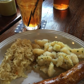 Bodensee Restaurant - Garlicwurst made in house with sauerkraut and German potato salad. - German Near Me - Helen, Georgia Bodensee Restaurant - Garlicwurst made in house with sauerkraut and German potato salad. - German Near Me - Helen, Georgia