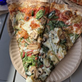 Audrey Jane's Pizza Garage - Veggie pizza, split for us though an actual single slice! Great value and flavor. - Pizza Near Me - Boulder, Colorado