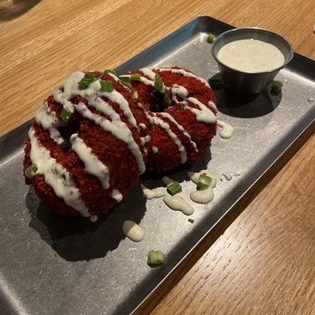 Hizemans - "Donut" Mac & Cheese w Flamin Hot Cheetos crust. (NOTE: not an actual donut, just shaped that way) - Sports Bars Near Me - Naperville, Illinois