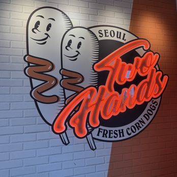 Two Hands Korean Corn Dogs - Fun wall display of the logo - Korean Near Me - Clovis, California