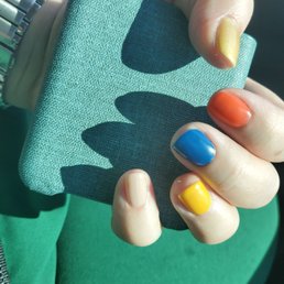 Fall colors skittle gel manicure.